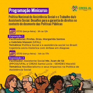PET SSO/UFAL e CRESS-AL divulgam programação do Minicurso sobre os desafios da Política Nacional de Assistência Social