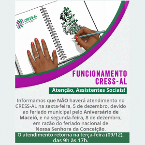 Funcionamento CRESS-AL dias 05 e 08 de dezembro