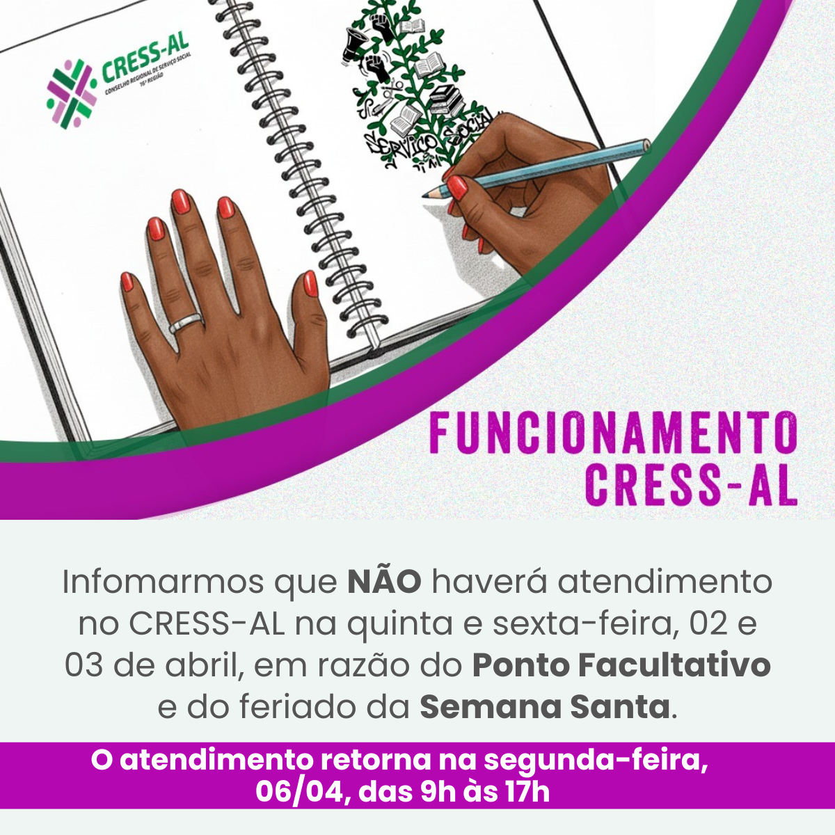 Comunicado sobre funcionamento do CRESS-AL na Semana Santa