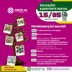 CRESS Alagoas divulga a programação da atividade em comemoração ao Dia da/do Assistente Social 2026, em Maceió