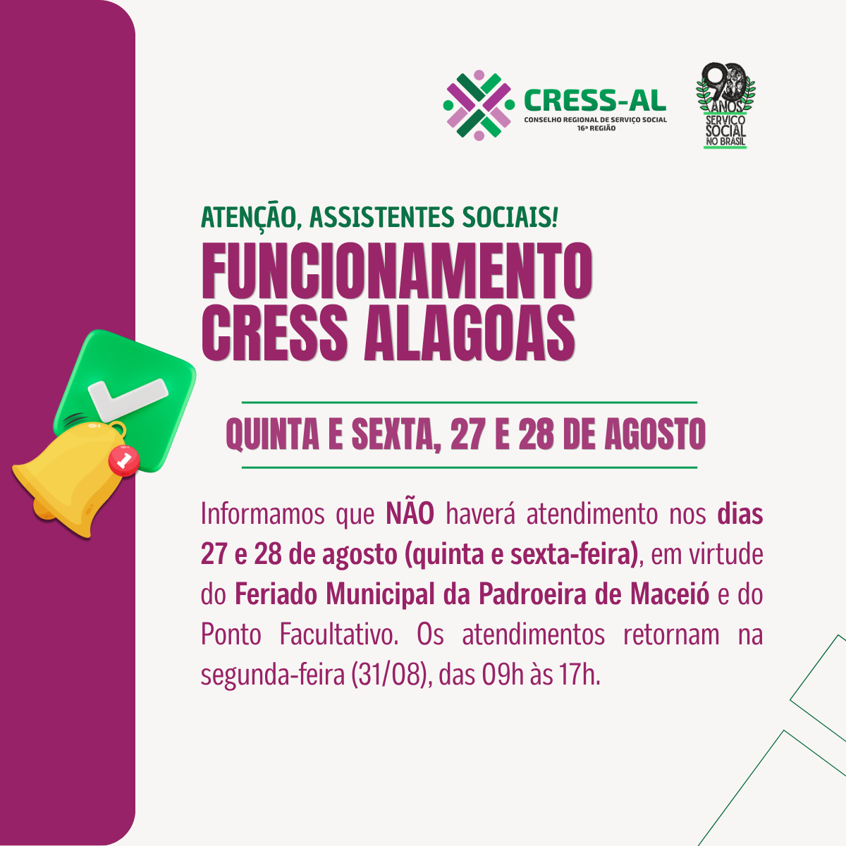 Comunicado sobre funcionamento do CRESS-AL: 27 e 28 de agosto de 2026